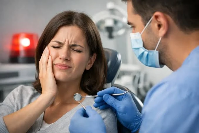 Dentist speaking with a patient during an examination